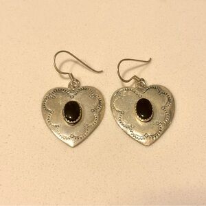 Sterling Silver Heart Dangle Earrings with Black Onyx stone